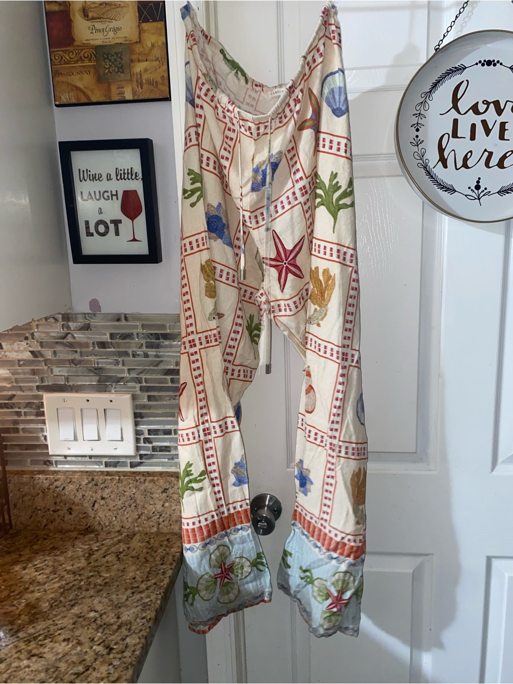 Cream Beach Print Drawstring Pants